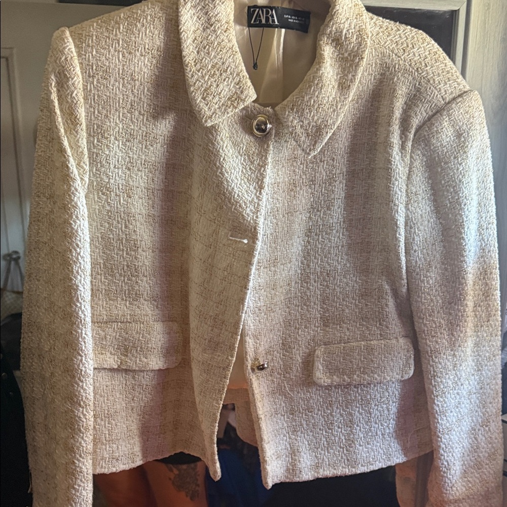 Zara Cream Textured Women Shorts and jacket (2) piece